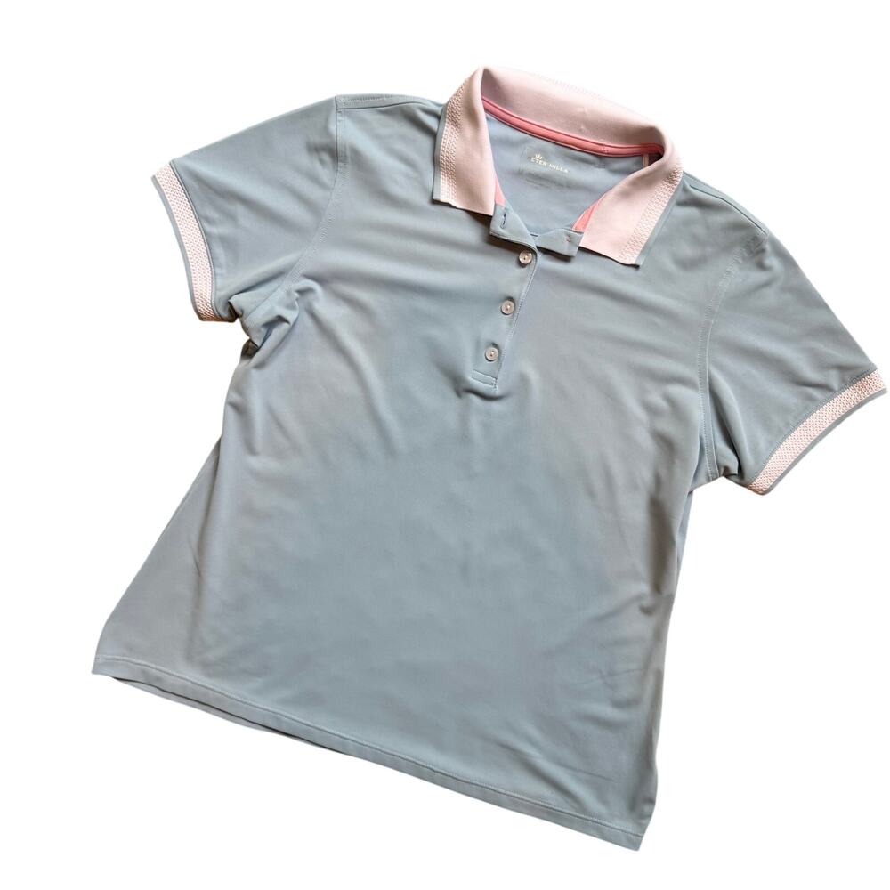 Peter Millar Womens M Performance Polo Crochet Blue Pink Golf Activewear Preppy